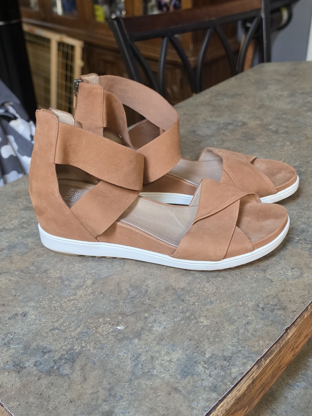 Eileen Fisher Crisscross Wedge Sandal - Tan Suede LIKE NEW